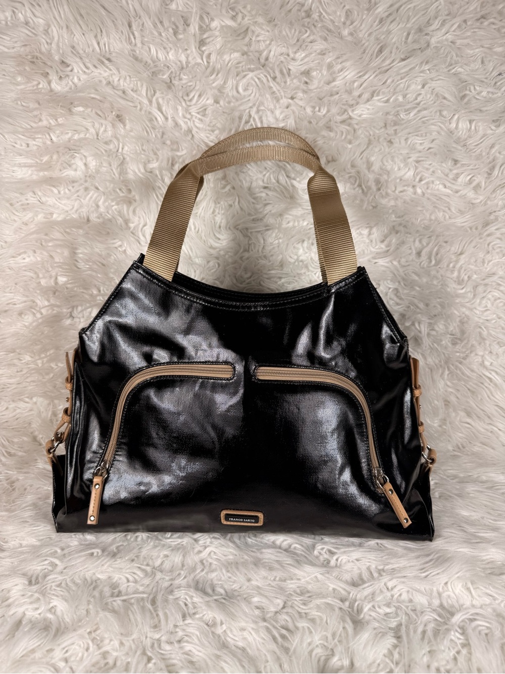 Franco Sarto Black Patent Shoulder Bag with Tan Handles